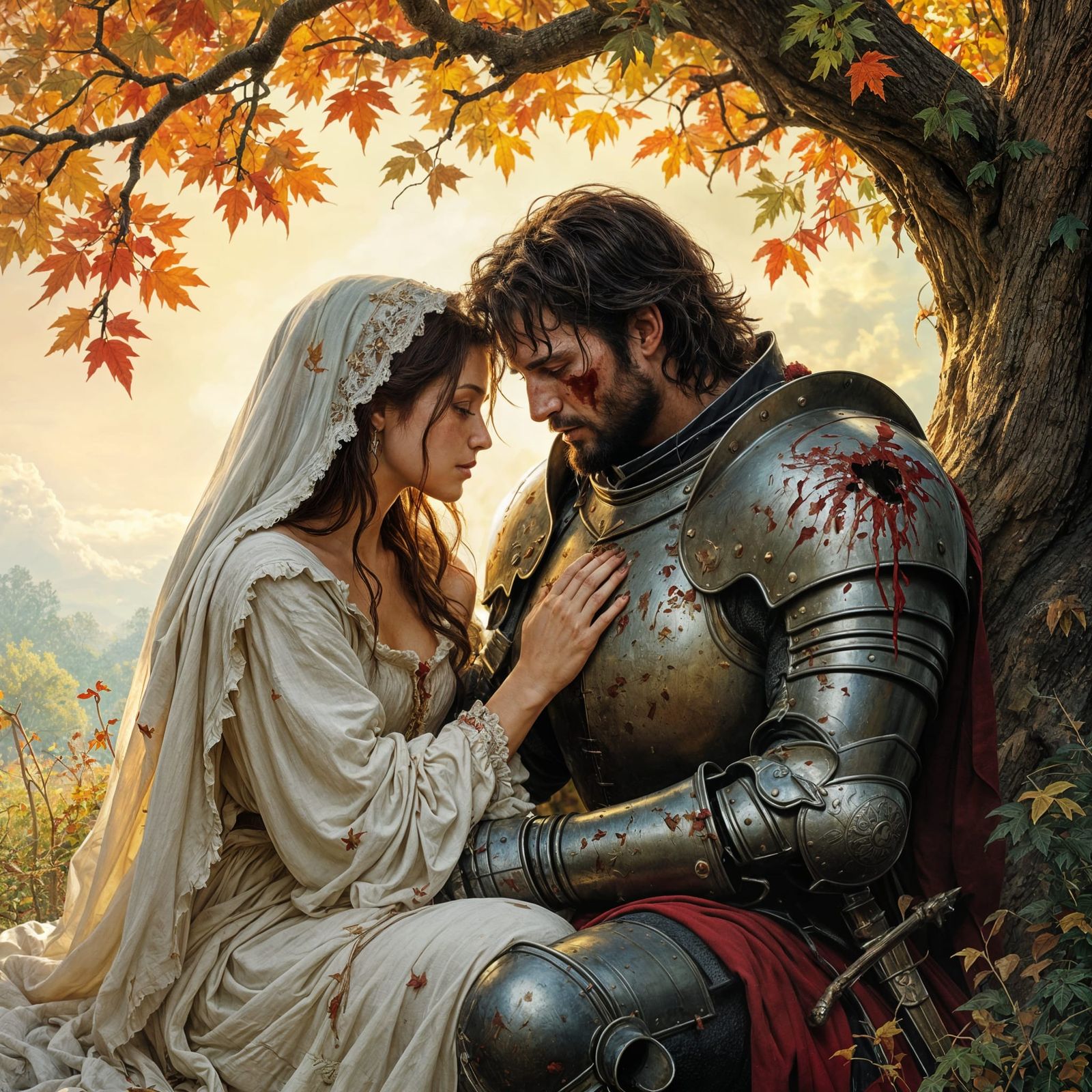 Battle-Worn Knight Cared for Under Colorful Tree