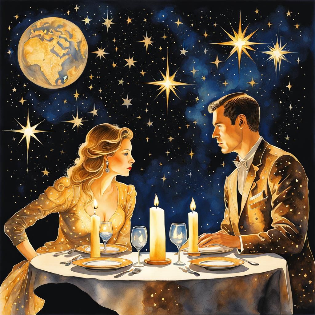 Double Exposure: Starry Night Silhouette in Watercolor