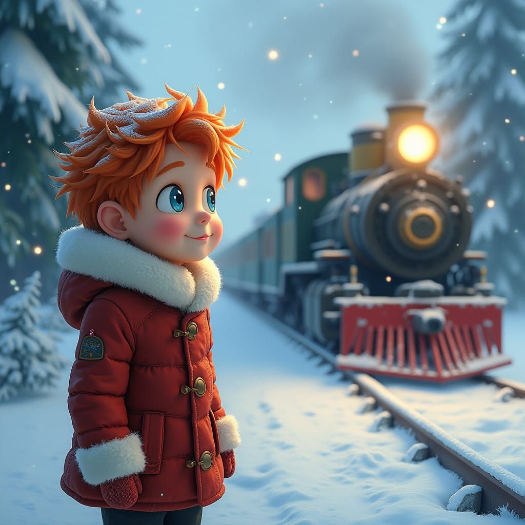 Whimsical Winter Wonder Boy Gazes at Vintage Train in Snowy...