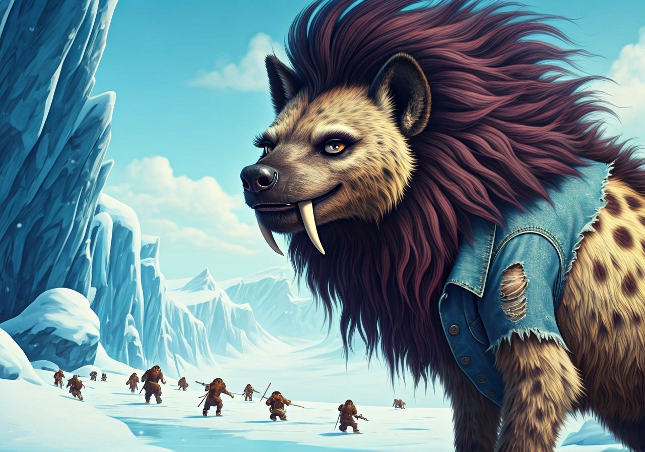 Majestic Saber-Toothed Hyena Roars in Ice Age Landscape