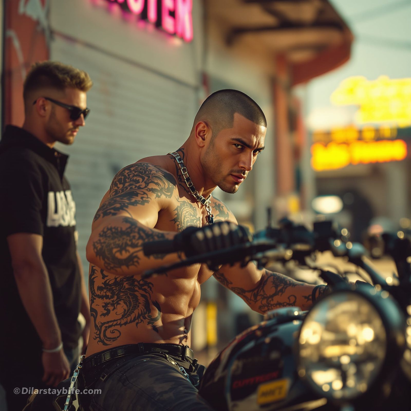 Cyberpunk Athletes Tune Motorcycle in Neon City