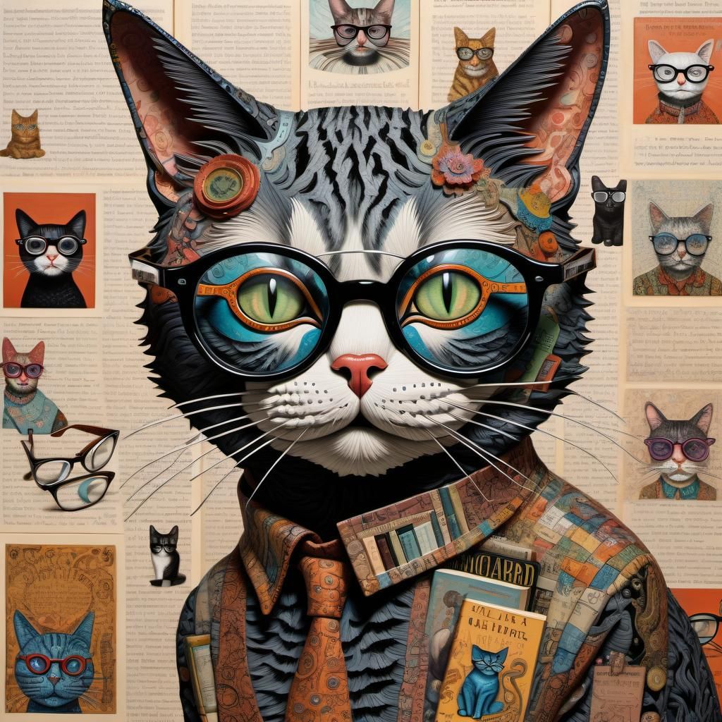 Whimsical Cat in Glasses with Books, 3D Render