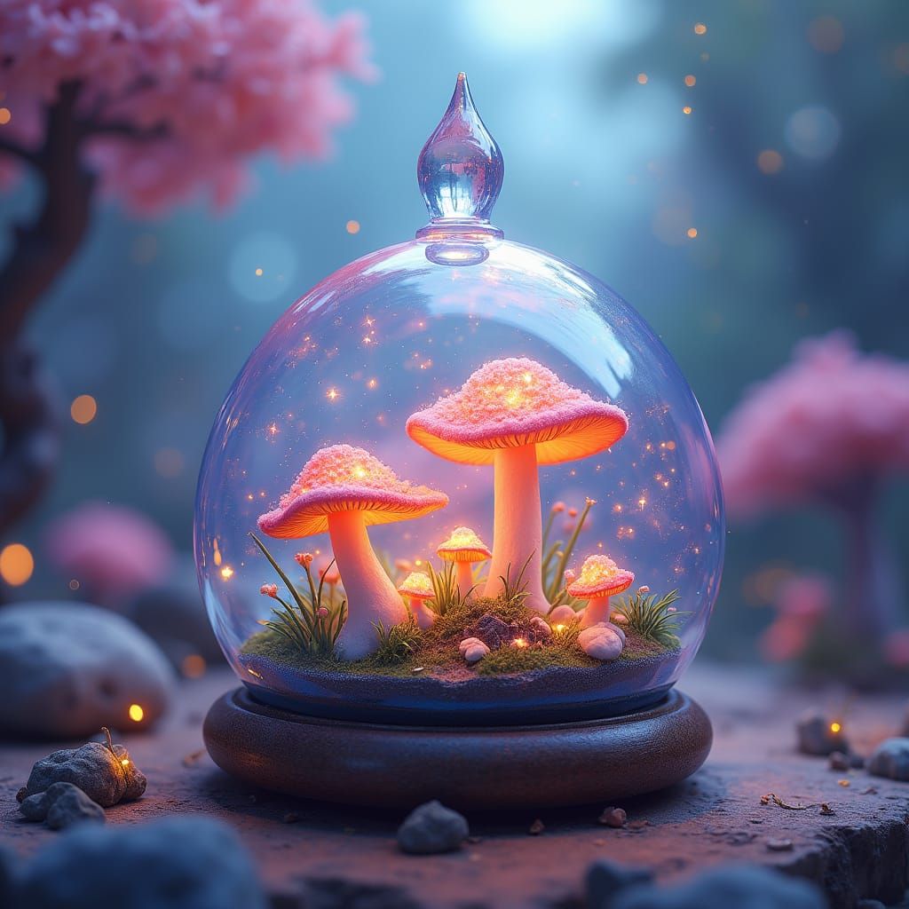 Whimsical Watercolor Terrarium with Glowing Mushrooms