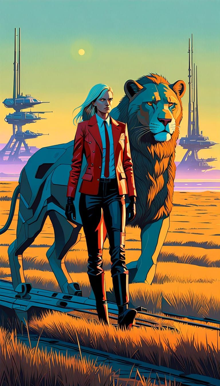 Regal Woman Walks Beside a Majestic Lioness in a Futuristic ...