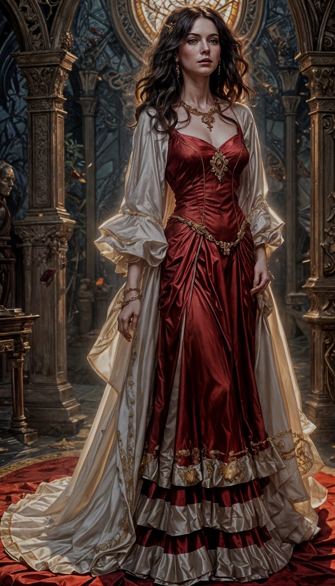 Woman in Red Gown: Hyperdetailed Art Nouveau Portrait