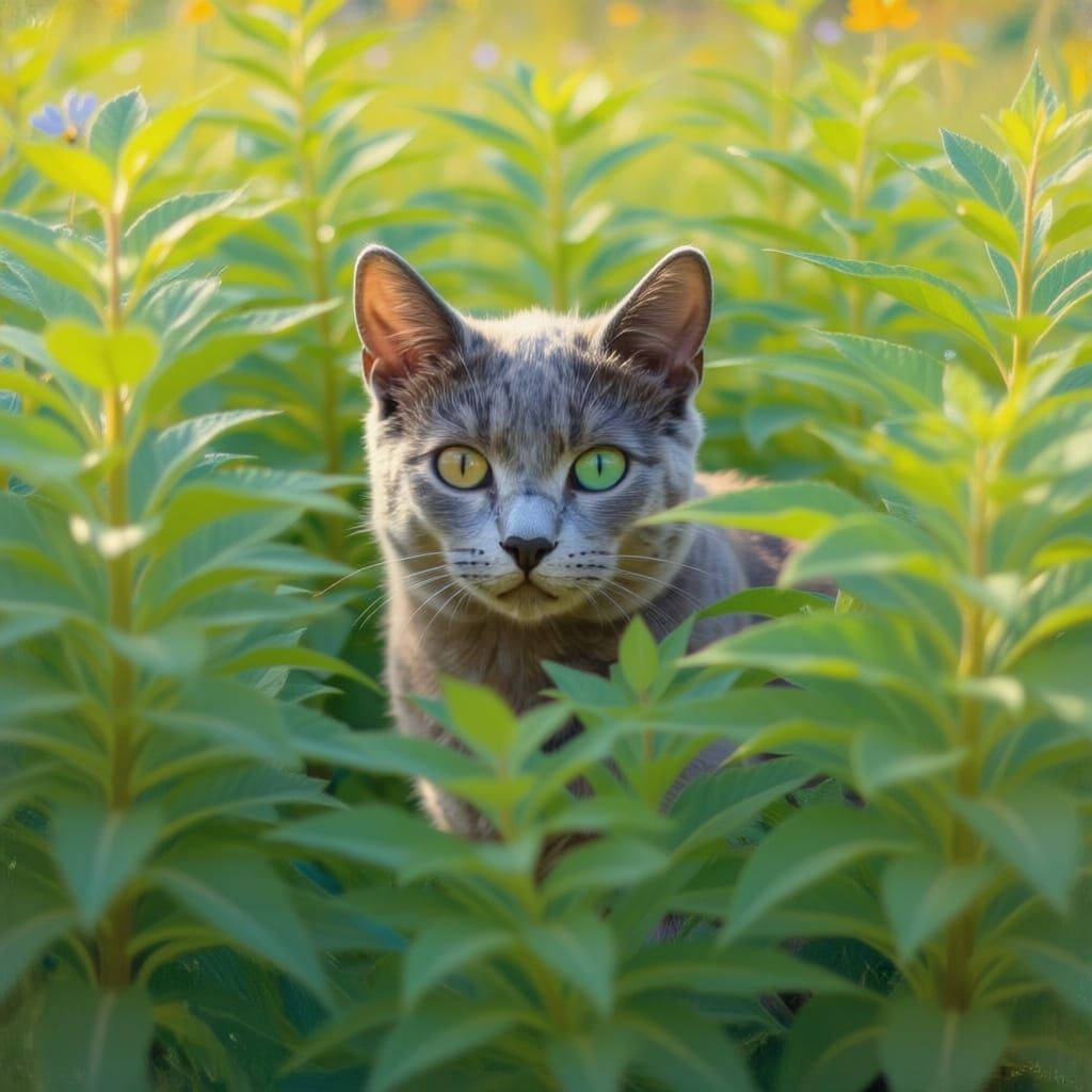 Impressionist Russian Blue Cat in Sunlit Meadow