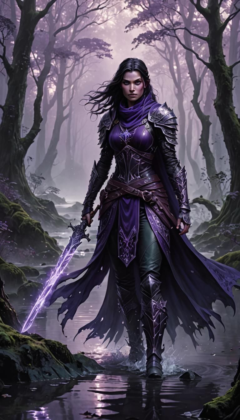 Fantasy Warrior-Mage in Misty Forest with Amethyst Sword