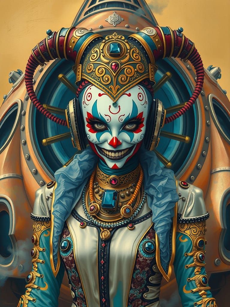 Retro-Futuristic Jester in Spacesuit with Baroque Filigree