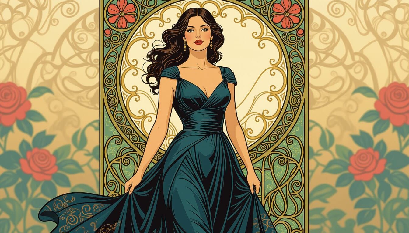 Elegant Woman Walking Confidently in Art Nouveau Style