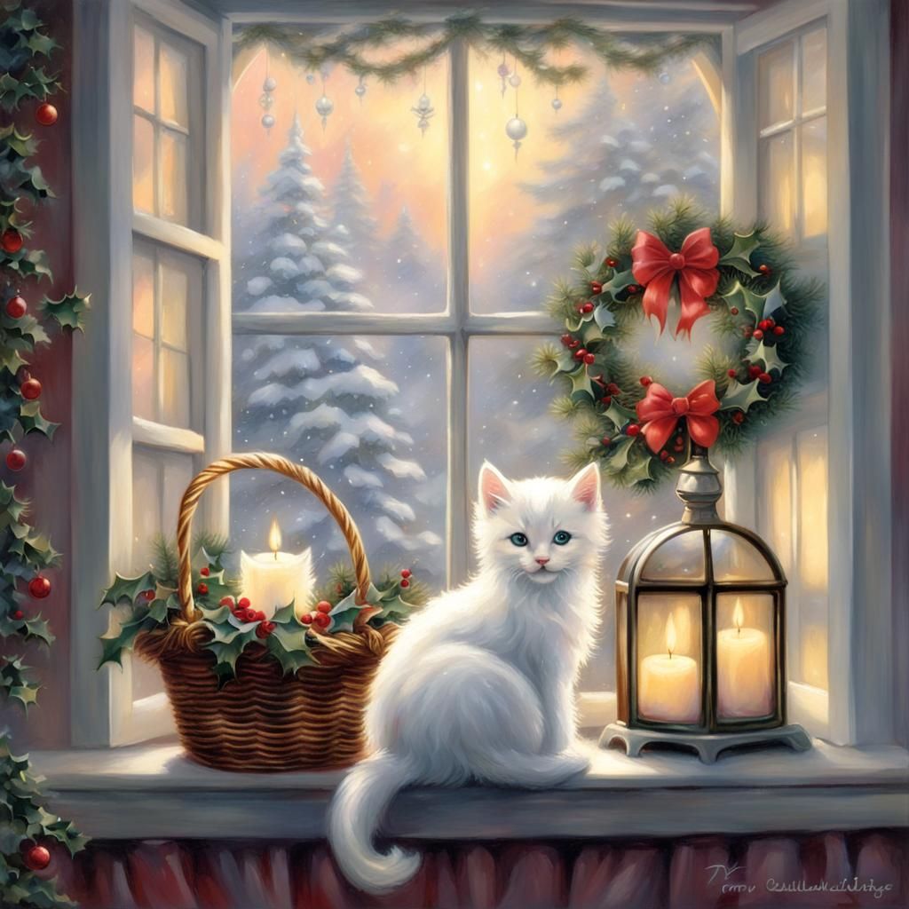 Kitten in Winter Village Scene
