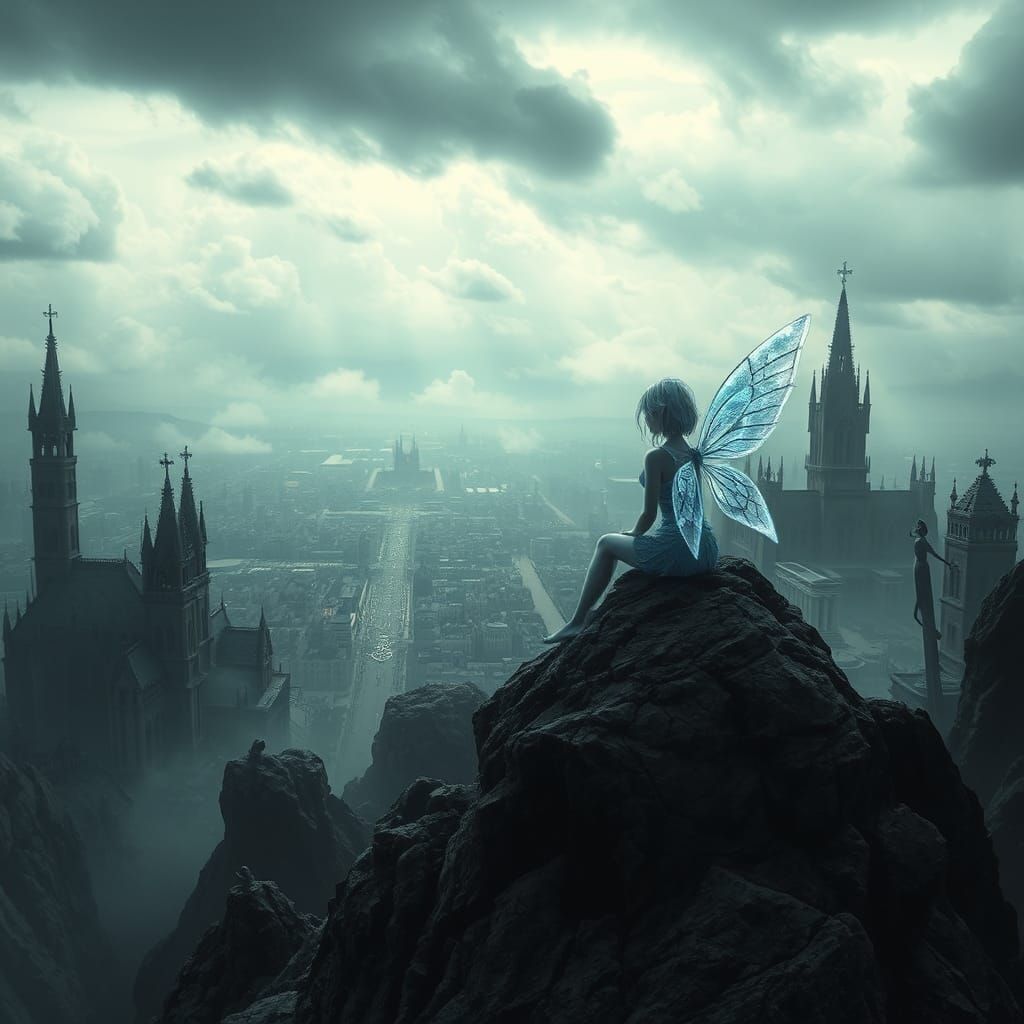 Sorrowful Fairy Overlooking Gothic Cyberpunk Metropolis