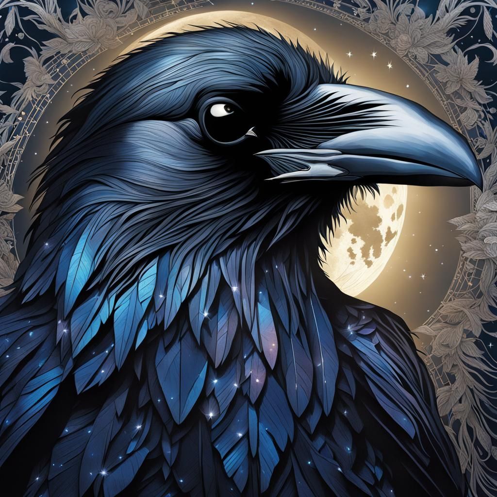 Crystalline Raven Portrait in Moonlight