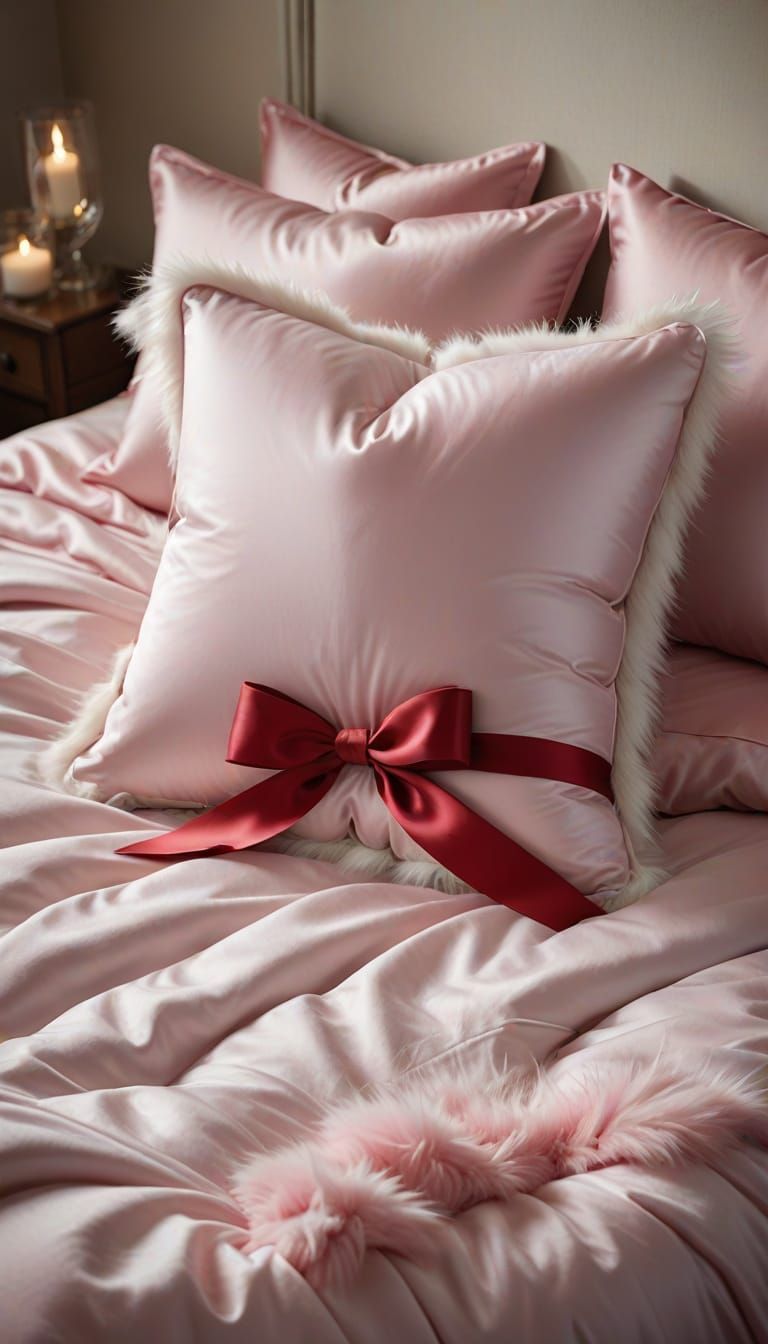 Pink Satin Heart Pillow on White Fur in Soft Bedding
