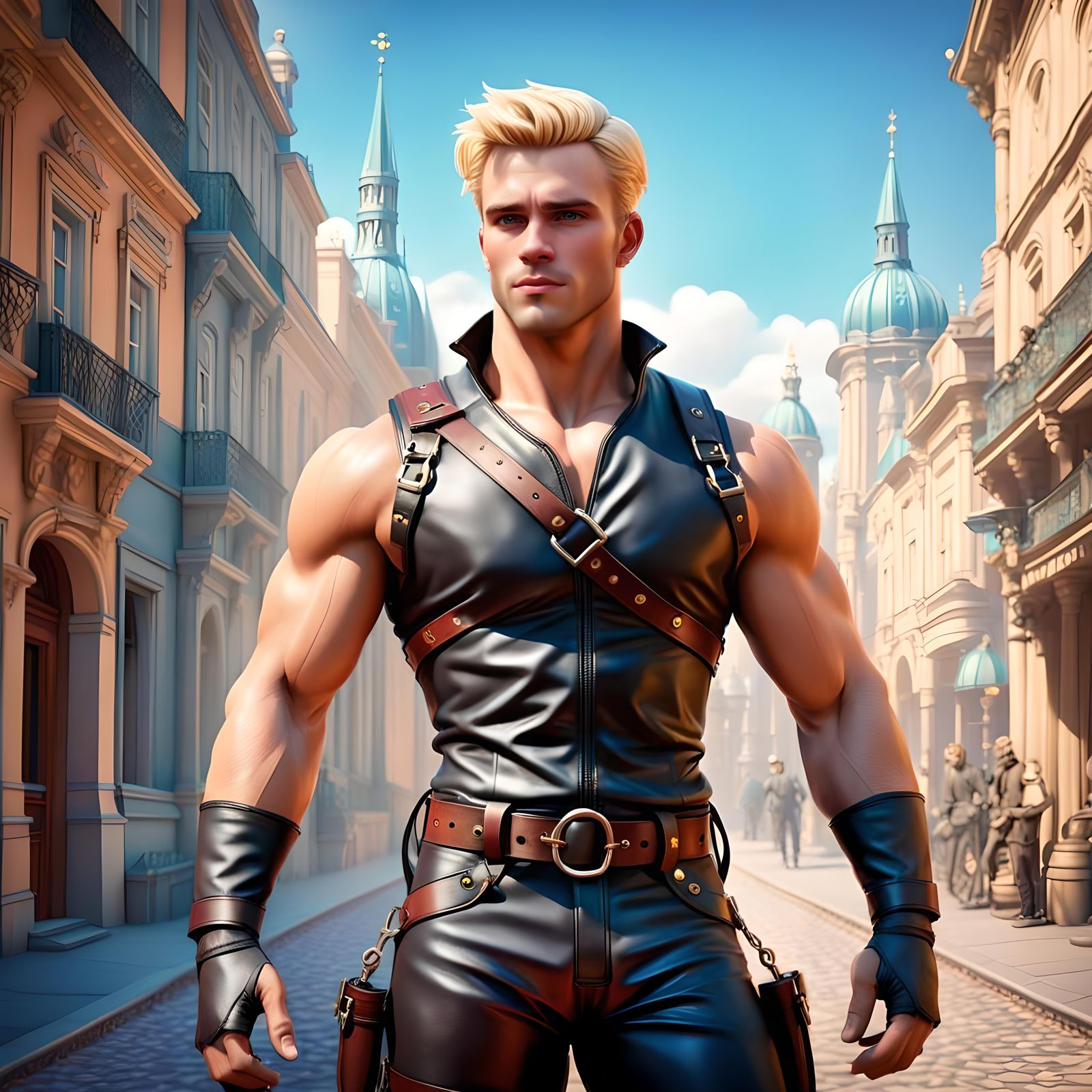 Blond Hunk in Leather Harness, 3D Digital Art