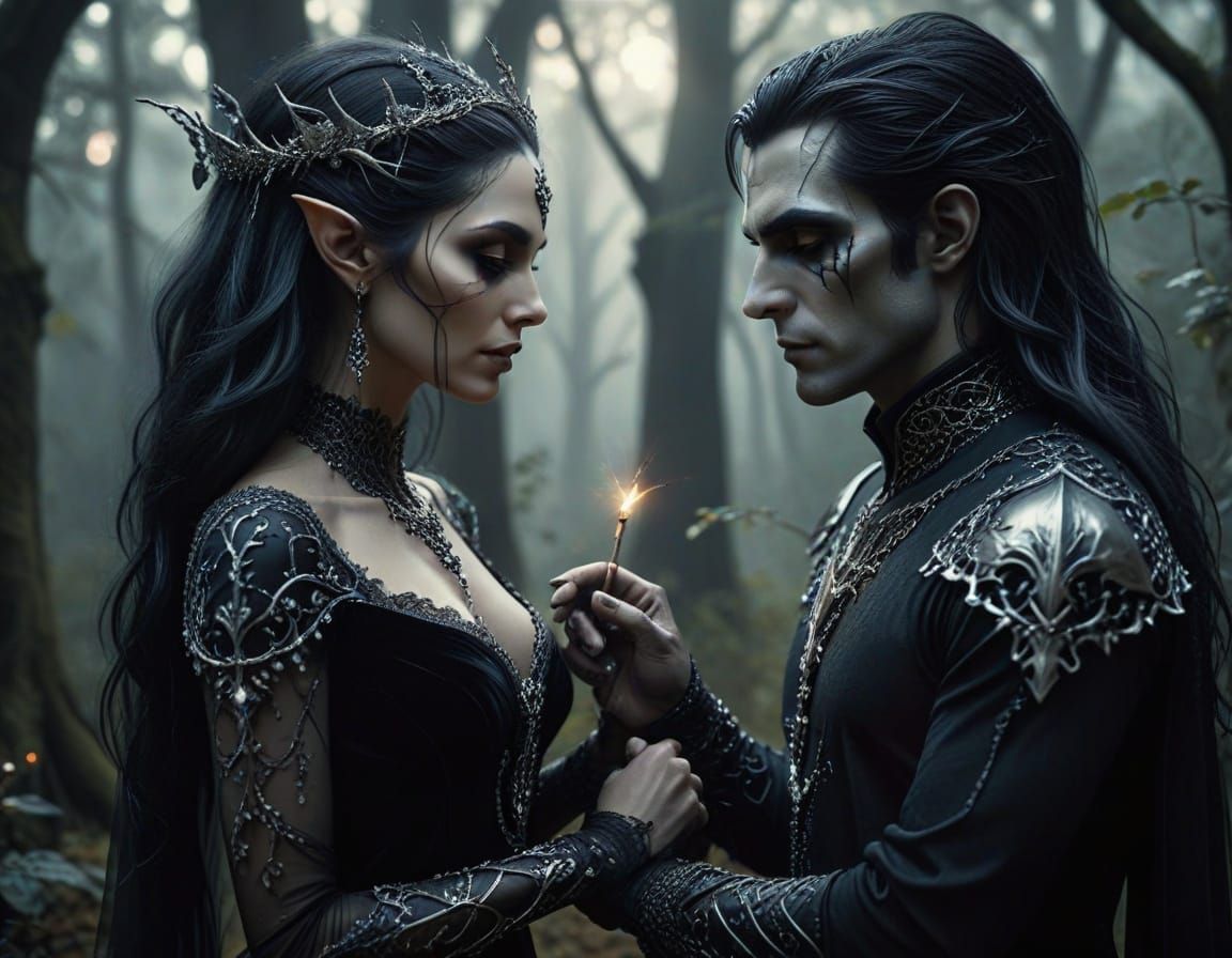 Elegant Dark Elf Couple Exchanging Vows in Gothic Forest