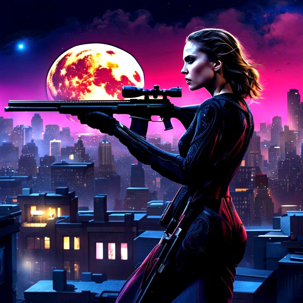 Natalie Portman as a Cyberpunk Hitwoman in Moonlit Rooftop A...