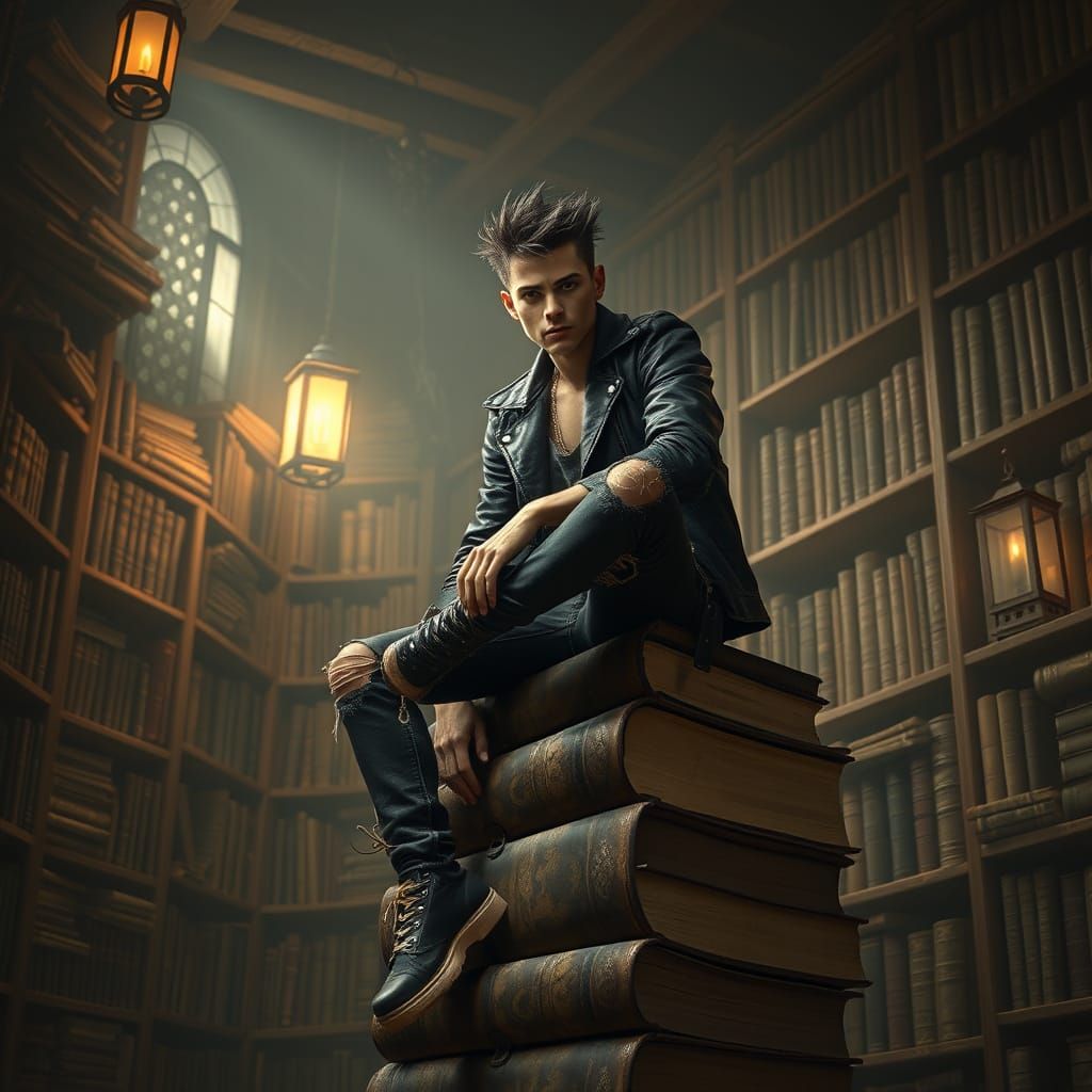 Epic Bookstore Punk in Moody, Cinematic Style