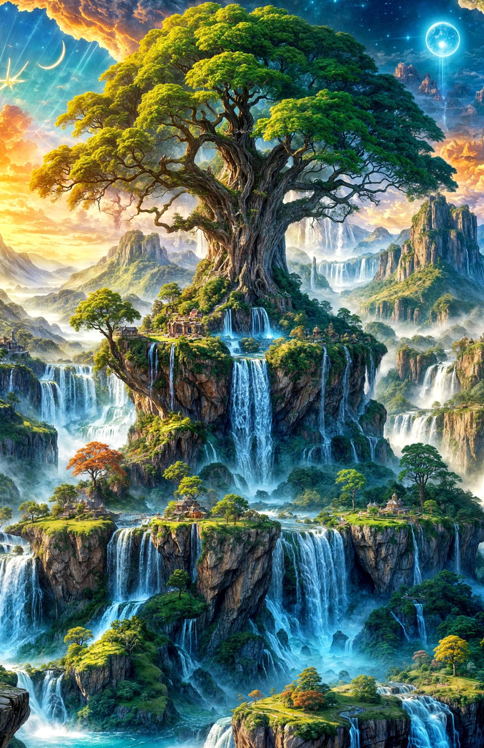 A thousand-year-old oak tree over a waterfall