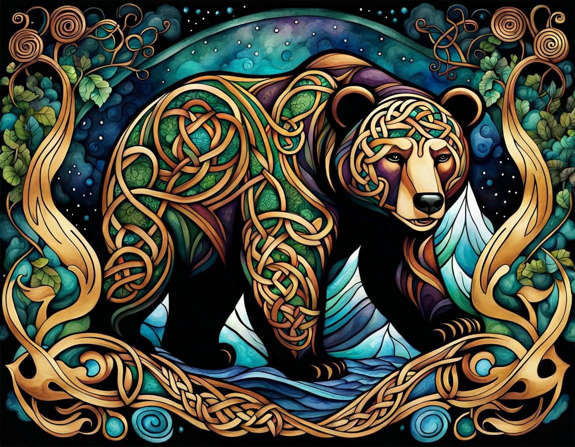 Celtic Bear in Forest: Nouveau Vague Watercolor