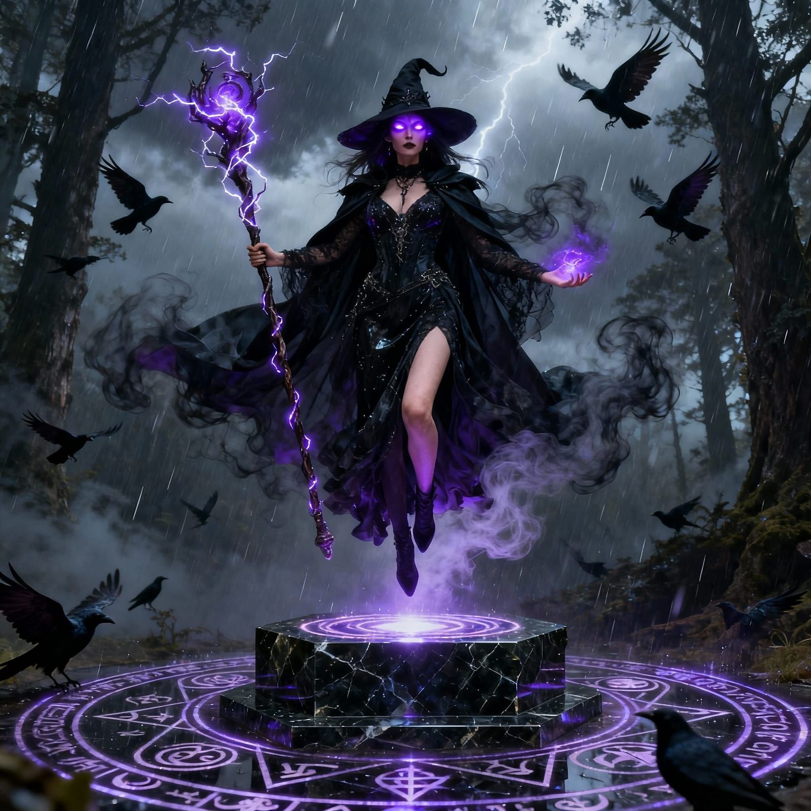 Fierce Witch Levitating in Stormy Forest