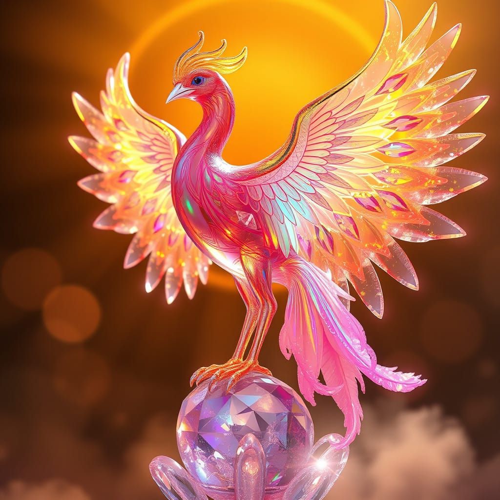 Majestic Crystal Glass Phoenix in Radiant, Iridescent Hues