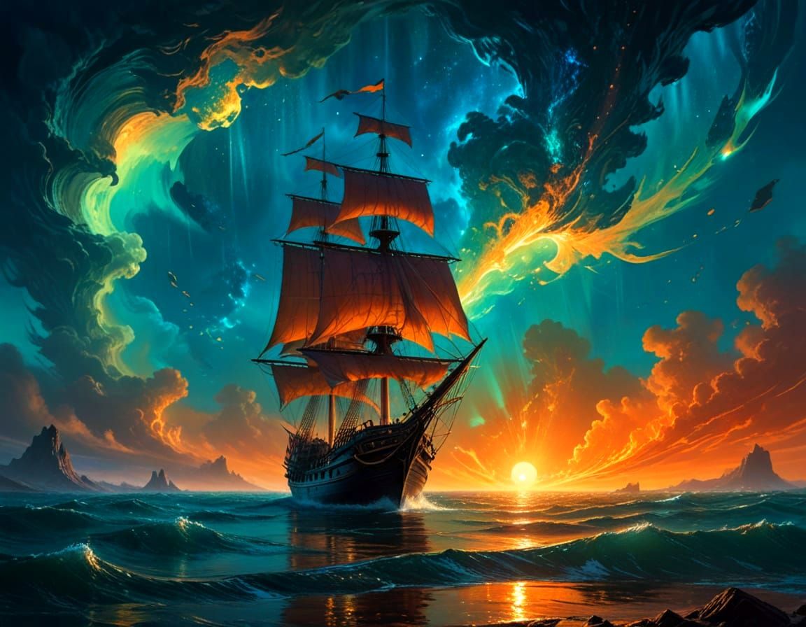 Surreal Sailboat in Iridescent Chiaroscuro with Radiant Core...
