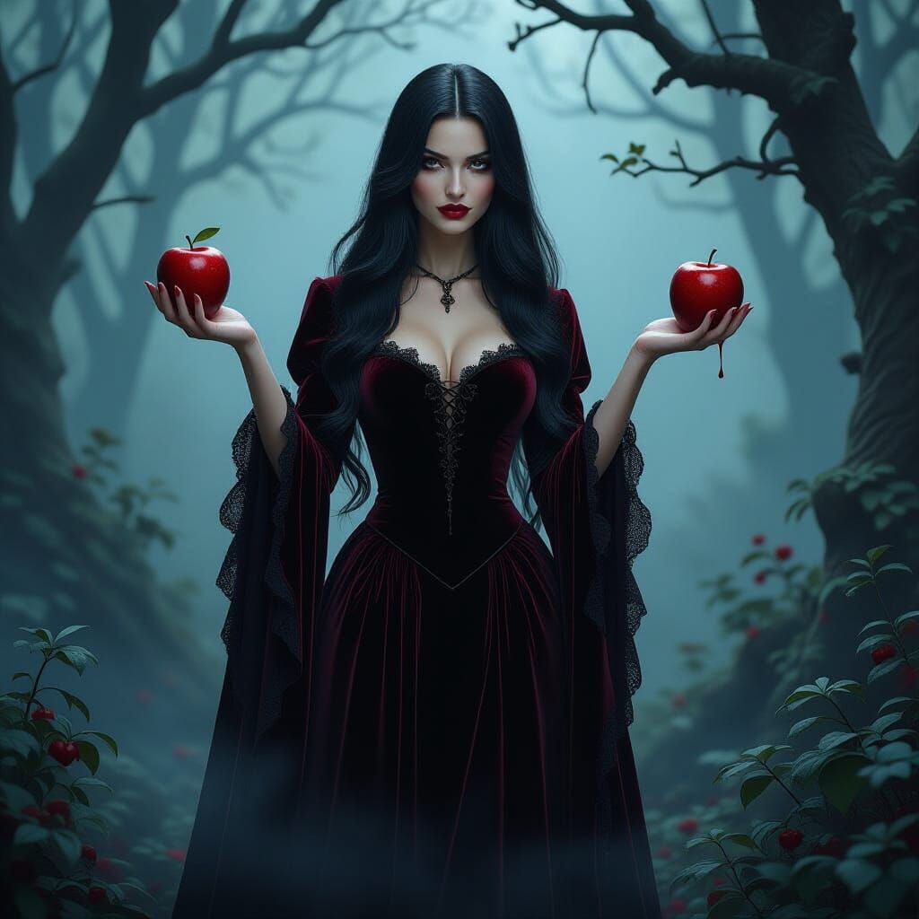 Seductive Witch Offers Poison Apple in Dark Forest