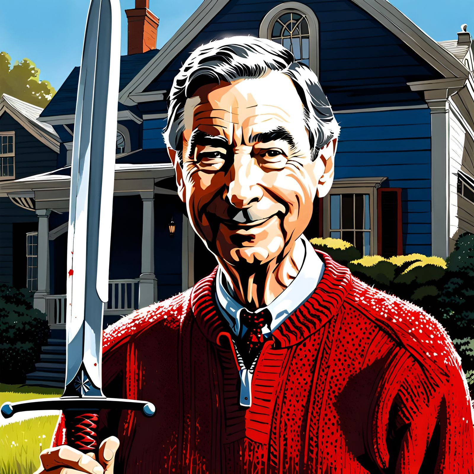 Mr. Rogers Portrait with Sword in Graffiti Style
