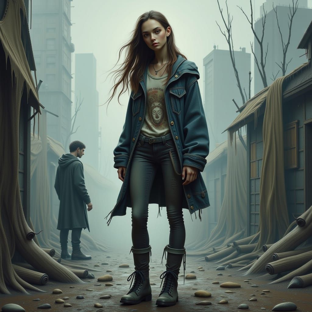 Young Woman Stands Resolute in Urban Decay