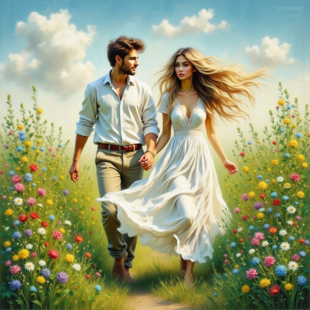 Romantic Couple Runs Through Lush Meadow in Dreamy Oil Paint...