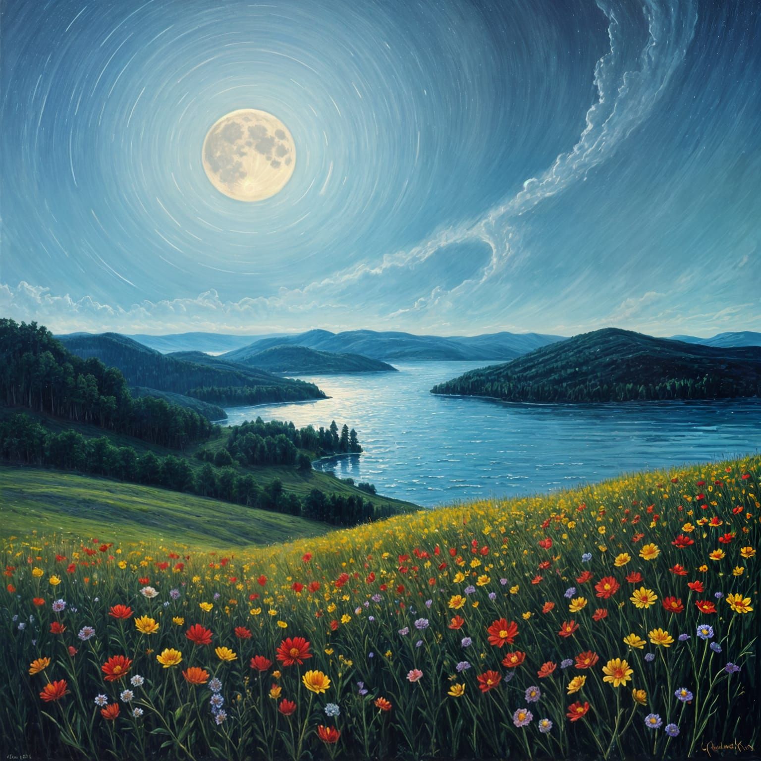 Serene Woman in Moonlit Landscape