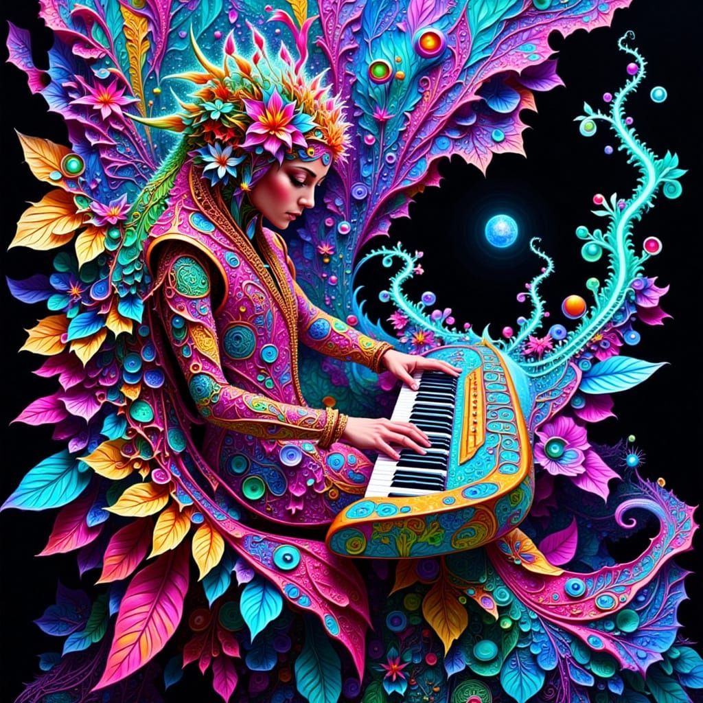 Cyberpunk Floral Musician in a Dazzling Intergalactic Storm