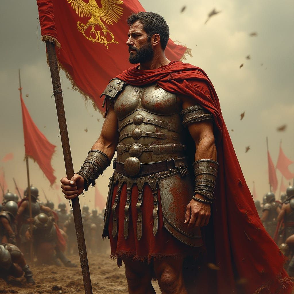 Grim Roman Centurion Stands Vigilant Amidst Carnage