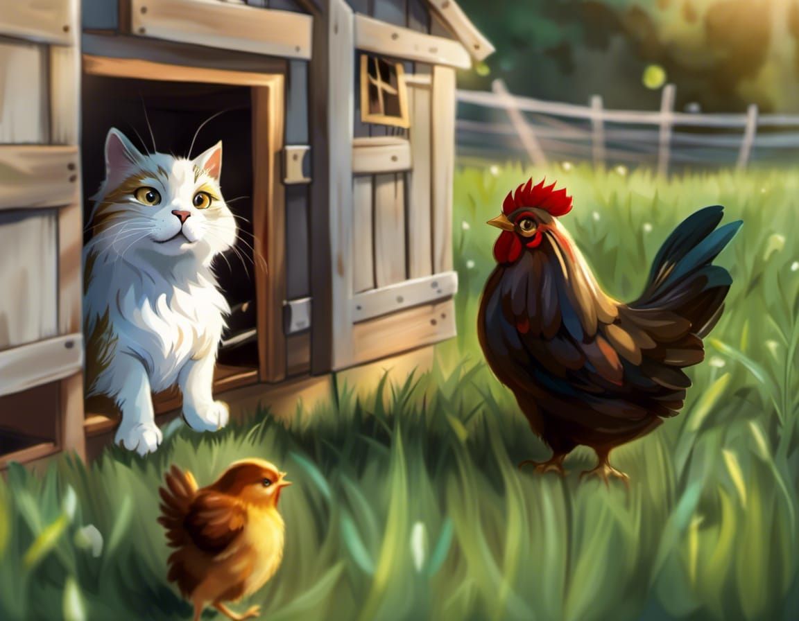 Mischievous Cat in Chicken Coop, Digital Art