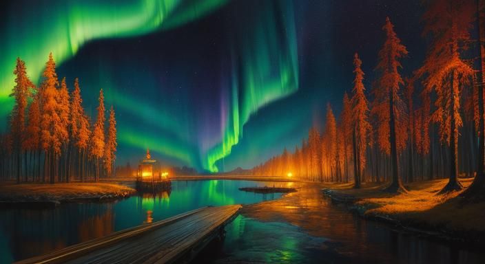 Bright Northern Lights on Skateboard, Surreal Oil Painting