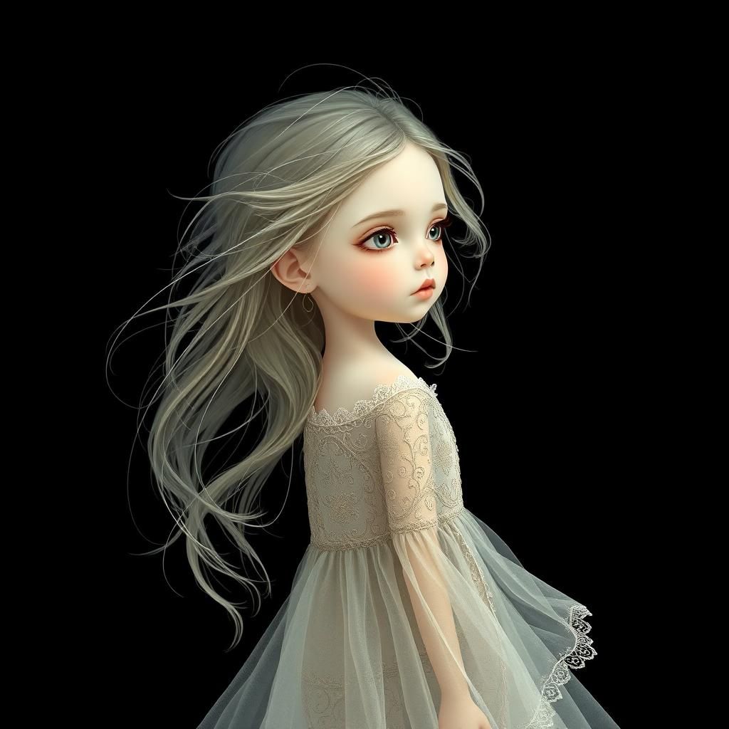 Ethereal Fluid Girl in Lace Gown, 3D Rendered
