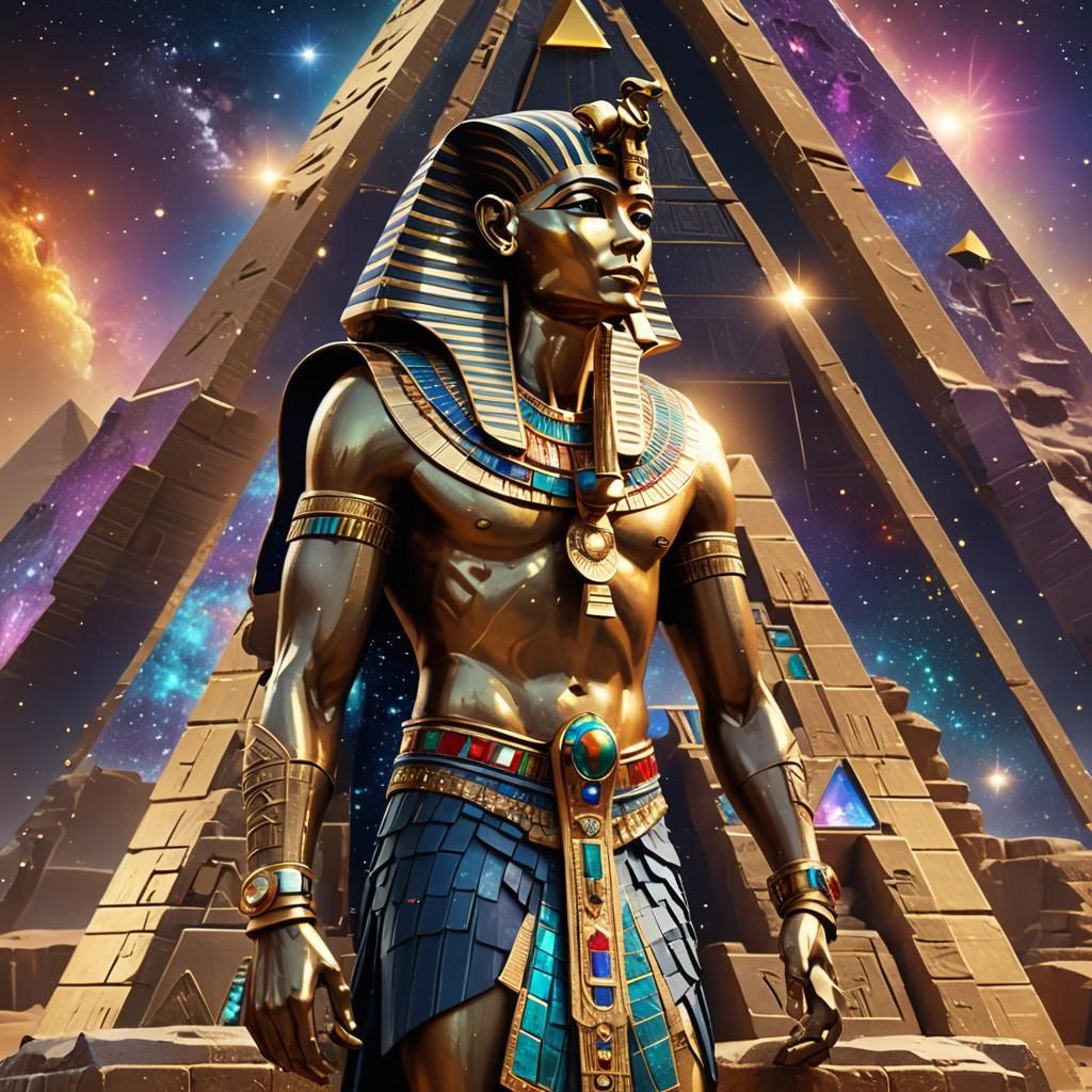 Pharaoh with Golden Jewelry and Galaxy Background