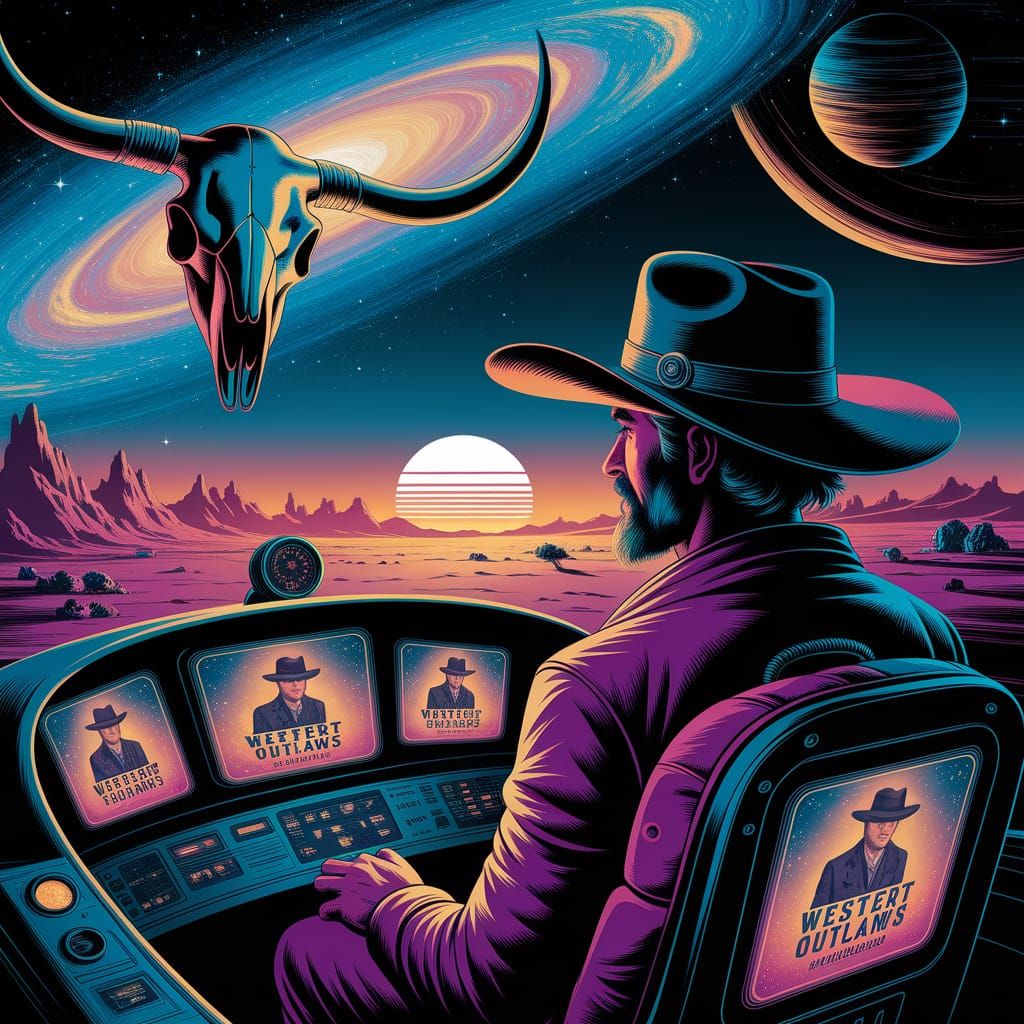Space Cowboy in Longhorn Skull Ship Exploring Nebulae