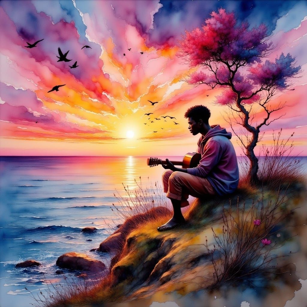 <lora:Ink Poet:1.0> At sunset, a young dark African man played a guitar on a hill and watched birds on the seashore.