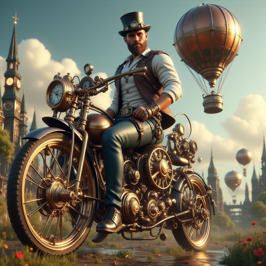 Muscular Steampunk Man Rides Bicycle with Balloon
