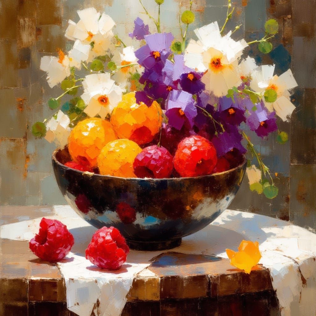 Rustic Raspberry Still Life in Rayonist Style