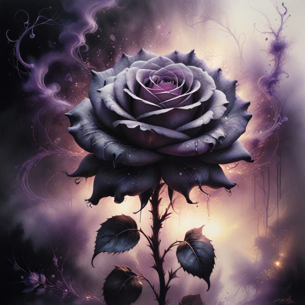 Charcoal Rose Drawing with Purple Hues and Ethereal Mist