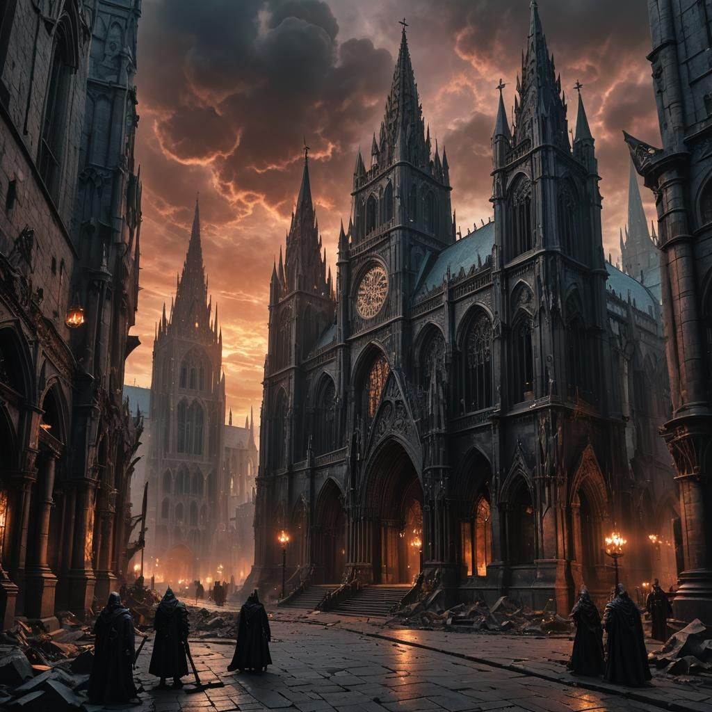 Dark Fantasy Cityscape with Unholy Cathedral