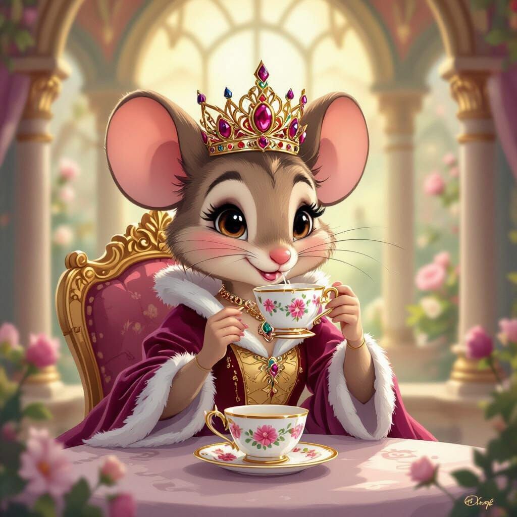 Mouse Queen in Miniature Palace, Disney Cartoon Style