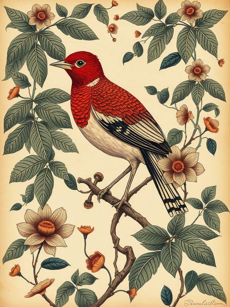 Botanical Bird Illustration in Vintage Style