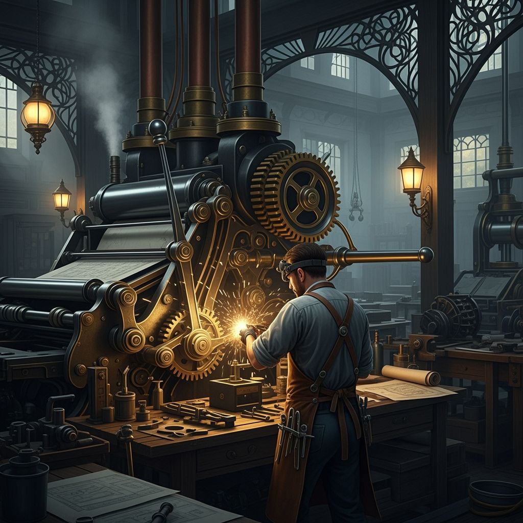 Victorian Technician Repairs Steampunk Printing Press