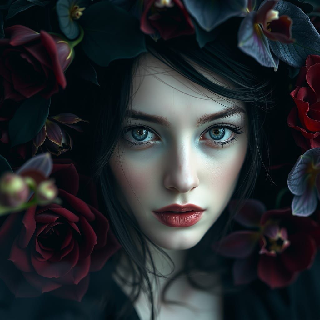 Mysterious Dark Flower Queen in Haunting Beauty