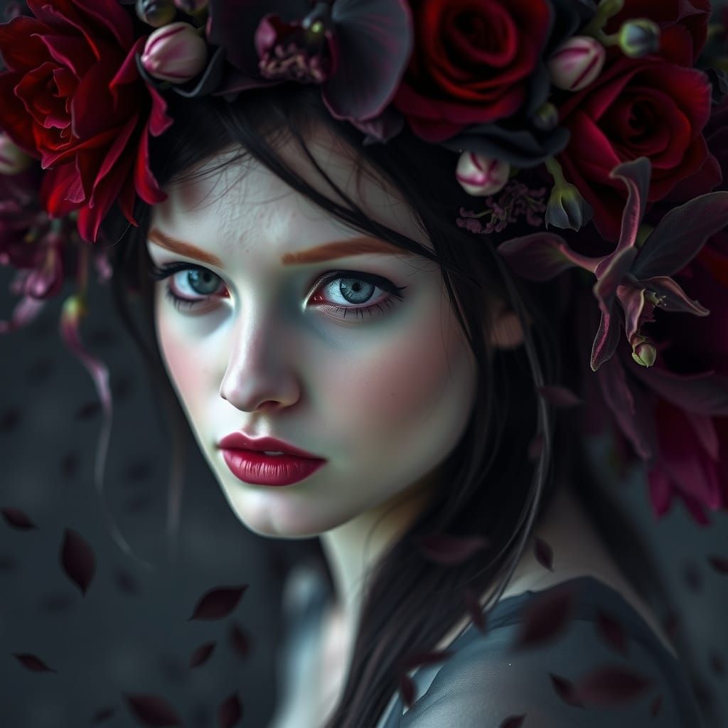 Ethereal Woman Surrounded by Dark, Dramatic Flowers in a Wil...
