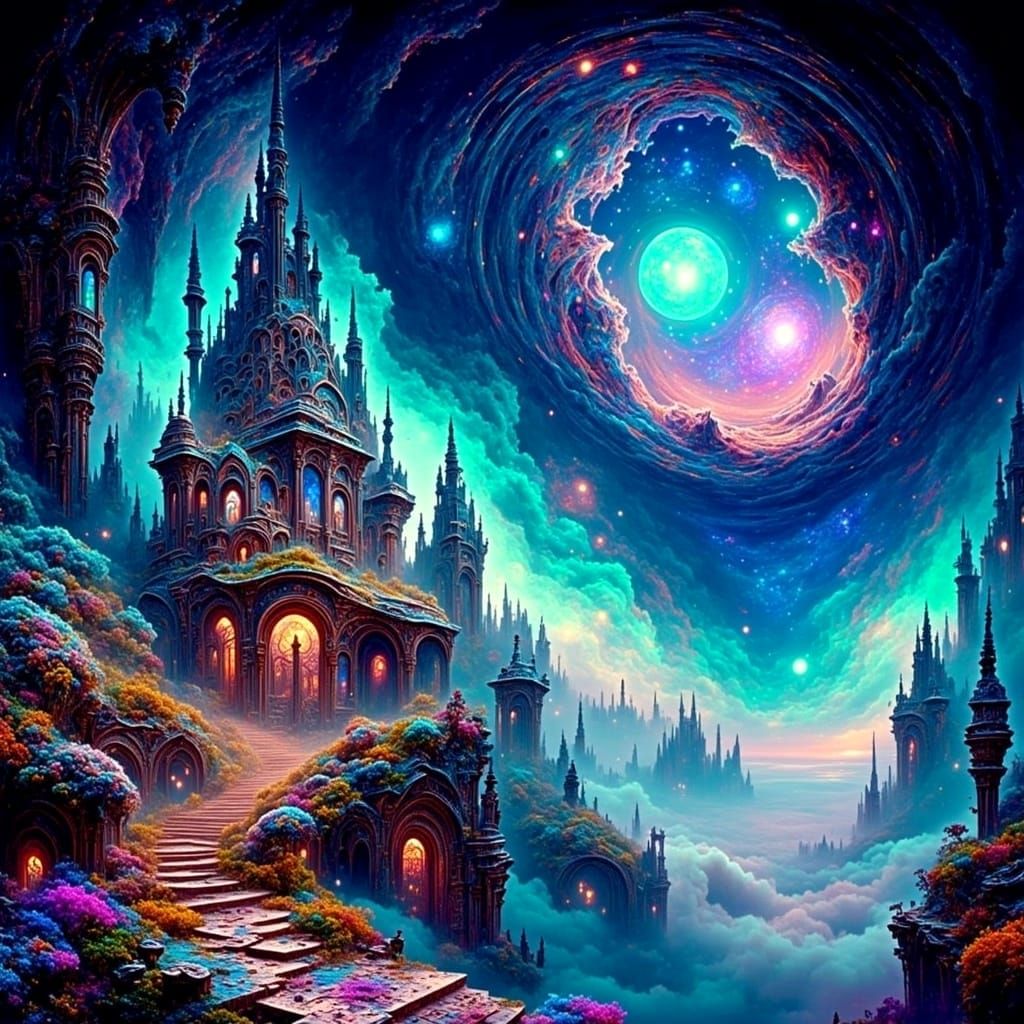 Surreal Nighttime Dreamscape in Art Nouveau Style