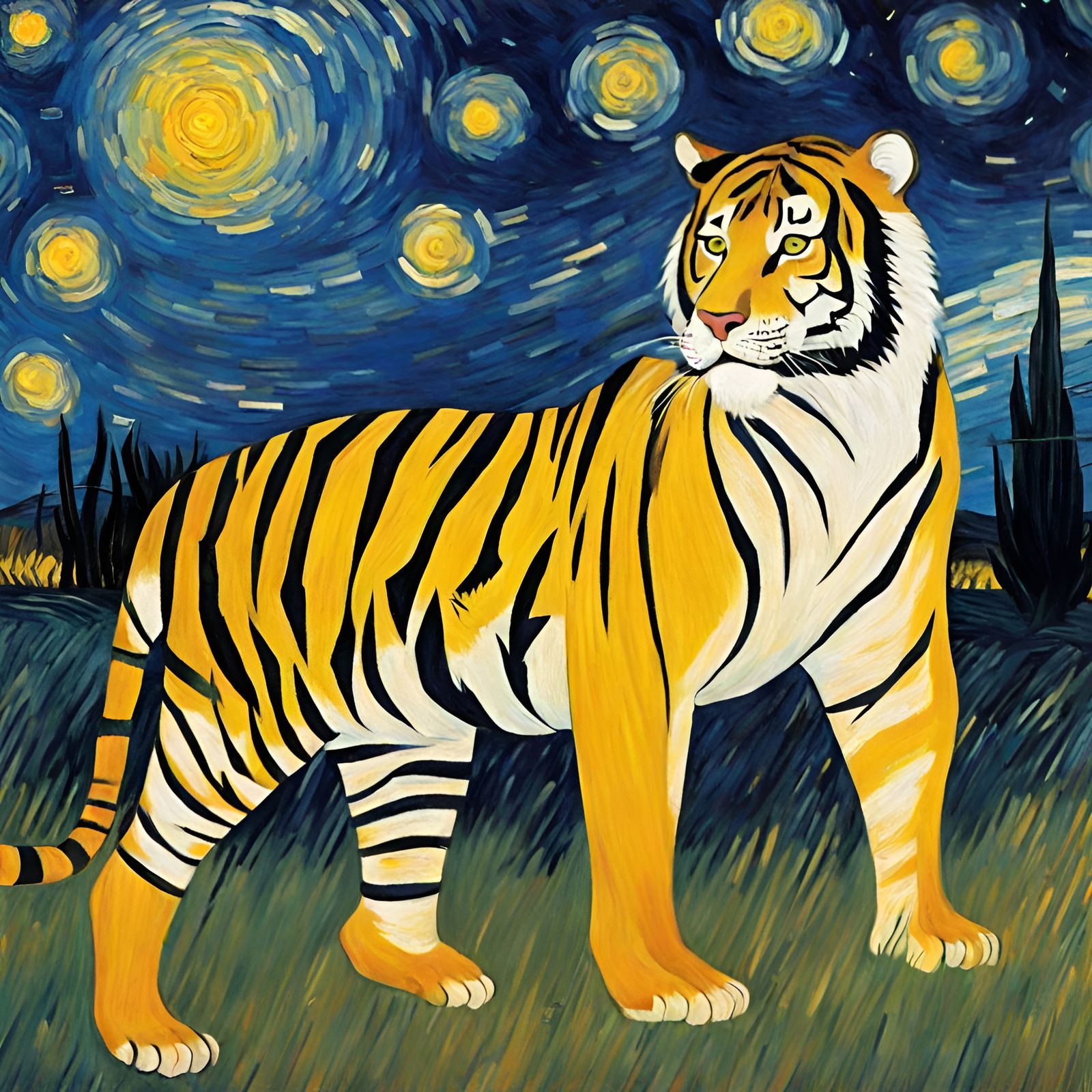 Tiger in Starry Night Savanna: Van Gogh Style